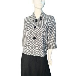 VTG Elementz Geometric Print‎ swing  coat Jacket 3/4 Sleeve Blue White